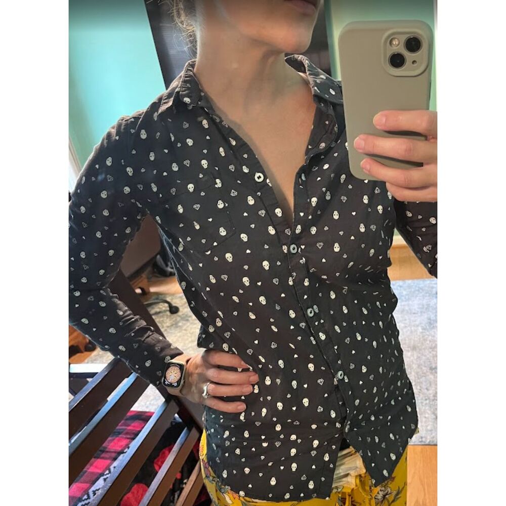 H&M Girls Skull & Diamond Print Button Down Shirt Black - Size 12/13Y (Fits WXS)